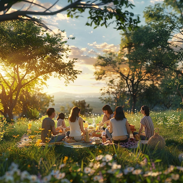 Simple Pleasures in Nature 3D Render of Friends Countryside Picnic