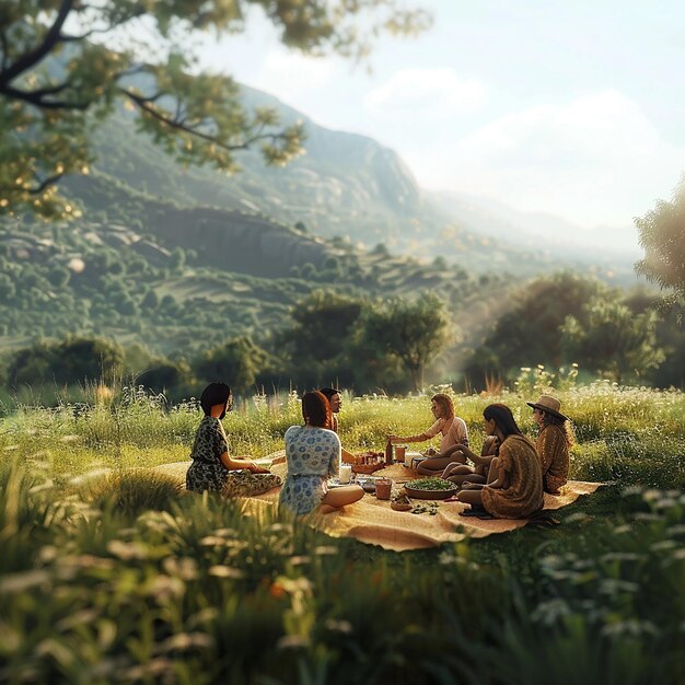 Simple Pleasures in Nature 3D Render of Friends Countryside Picnic