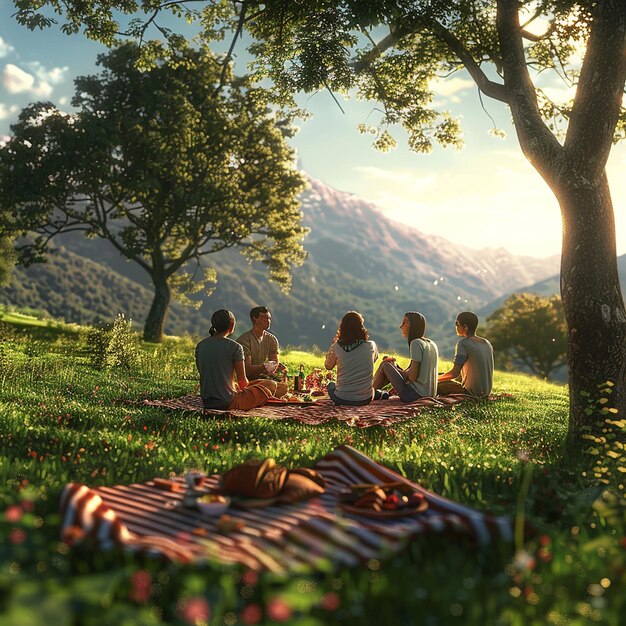 Simple Pleasures in Nature 3D Render of Friends Countryside Picnic