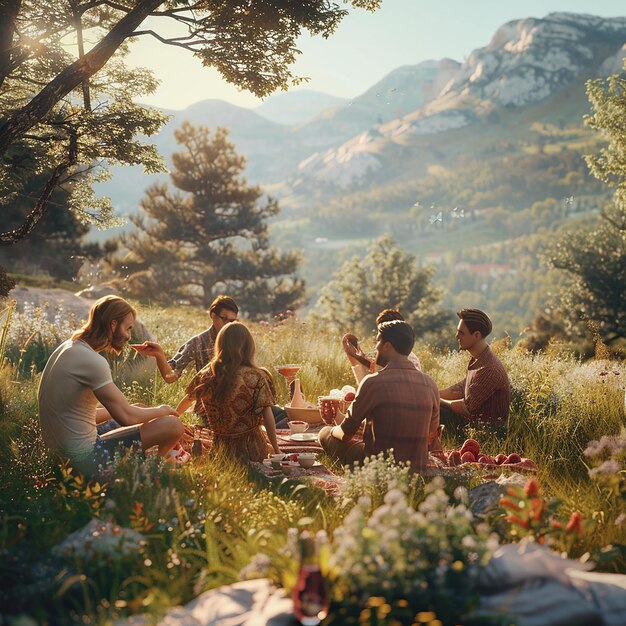 Simple Pleasures in Nature 3D Render of Friends Countryside Picnic