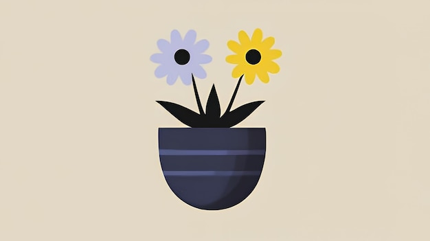 Photo simple potted plant with two flowers in a blue pot