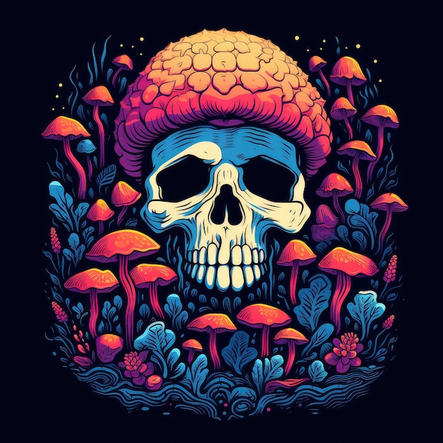 A Simple Print of a Skull That Is Overgrown by Neon Color