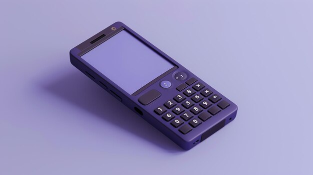 A simple purple phone with a numeric keypad and a blank screen sits on a matching purple surface