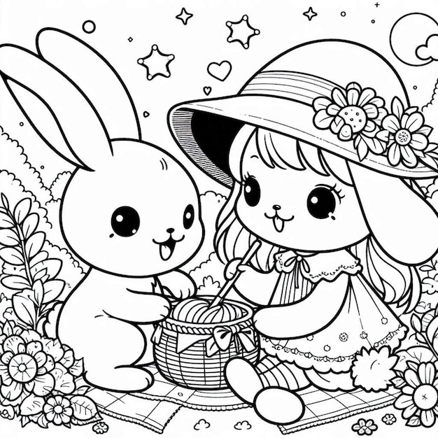 Simple rabbit with girl coloring page ai generated