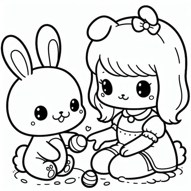 Simple rabbit with girl coloring page ai generated