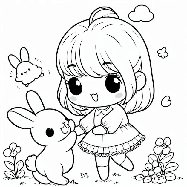 Simple rabbit with girl coloring page ai generated