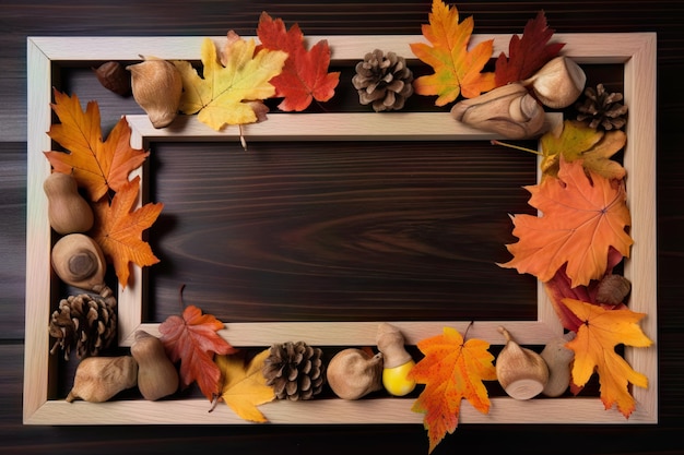 Simple rectangular photo frame made of minimalistic wood with leaves and pine on a wooden table