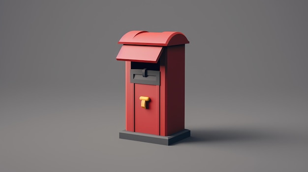 A simple red 3D model of a mailbox with a black opening and a gold handle