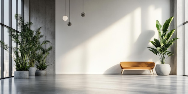 Photo simple room setup with a single chair and some potted plants suitable for interior design or minimalist theme