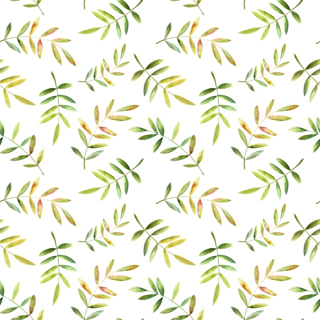 A simple seamless pattern of watercolor leaves on a white background