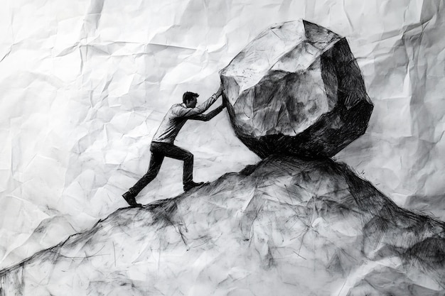 Photo simple sketch of a businessman push a large boulder up a hill symbolizing overcoming obstacles