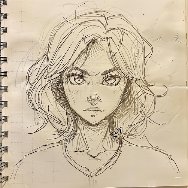 simple sketch on notebook paper of a woman drawn in the style of Akira Toriyama with simple lines a