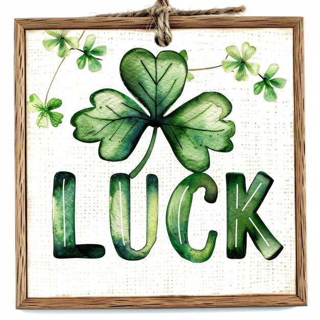 Photo simple style cute wooden picture frame with the word luck on the canvas saint patricks day watercolor style clipart white background job id da97c2514f4f4c5e84ff8ab47b9d00e2