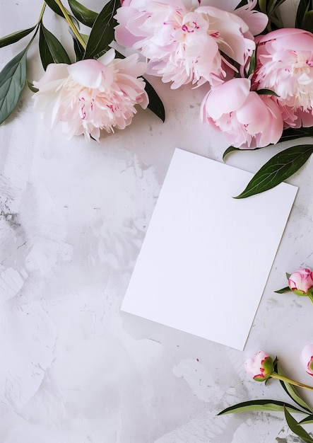 Photo a simple yet stylish image of a blank place card nestled among a cluster of pink peonies