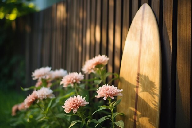 Simple surfboard resting against a wooden fence