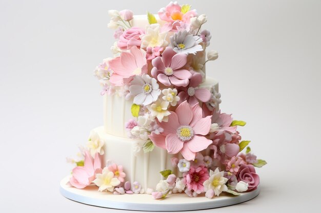 Photo simple three tier cake decorated with flowers