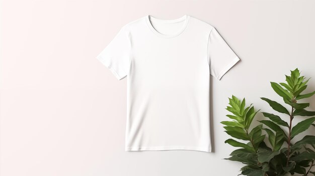 Simple tshirt template displayed against white backdrop with green leaves ai generated