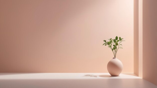 Photo a simple vase with green leaves sits on a white surface against a pale pink wall