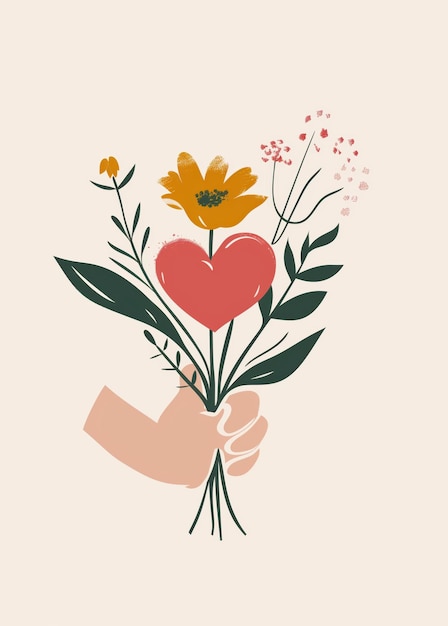 Photo simple vector illustration of hand holding heart and flowers for mental health inspiration