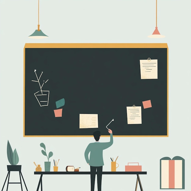 Photo simple vector illustration of a teacher writing on a blackboard