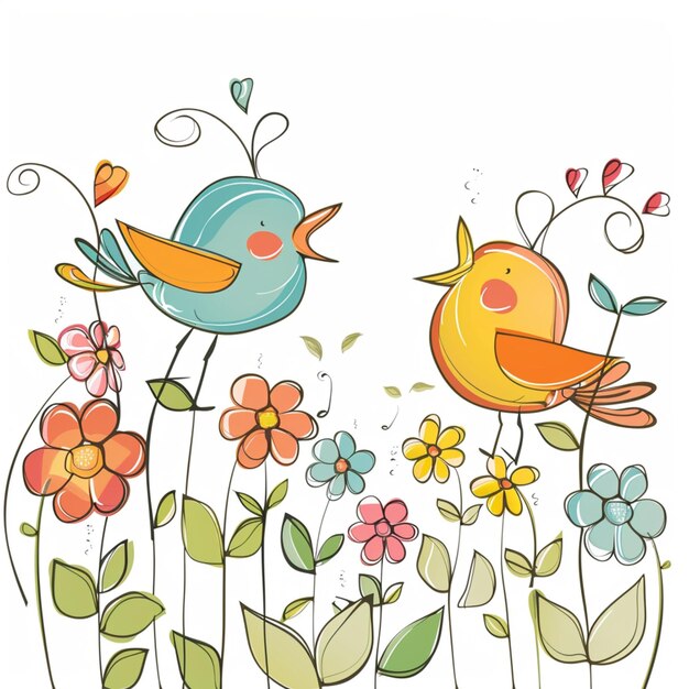 Simple vector style illustration of two cute birds singing with flowers around them