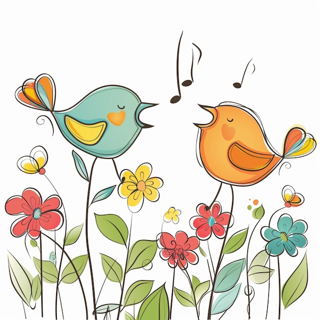 Simple vector style illustration of two cute birds singing with flowers around them