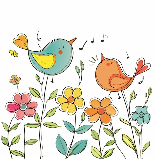 Simple vector style illustration of two cute birds singing with flowers around them