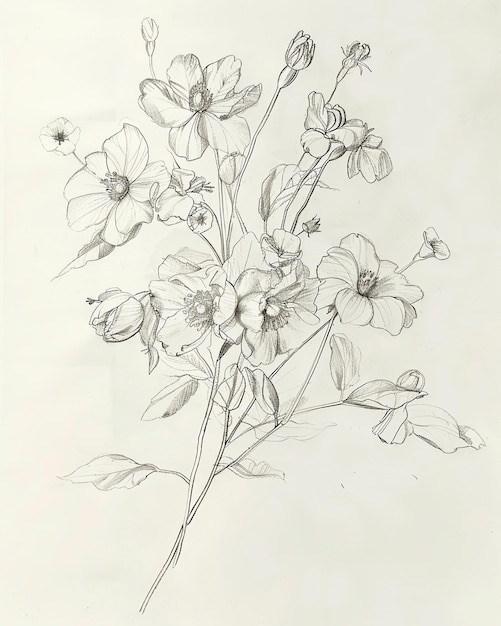 Photo a simple vintage rough pencil drawing of a bouquet of flowers on white paper 19th century sketch