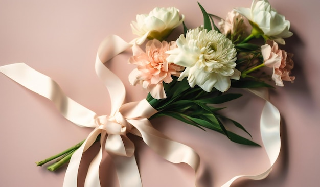 Simple white bridal bouquet and ribbon background on a white background