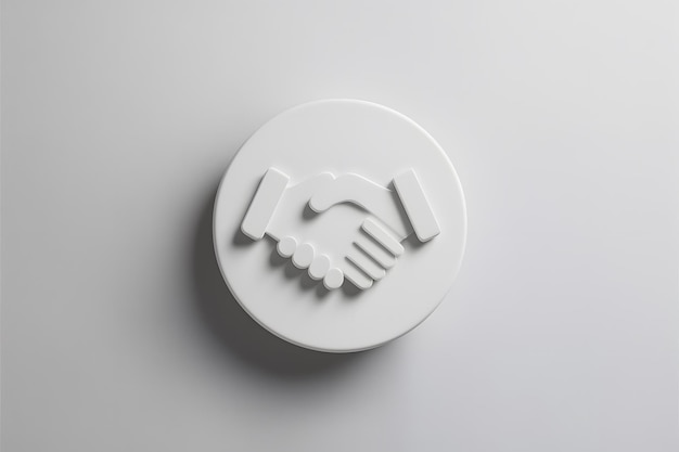 Simple white circular icon with 3D handshake symbol on light background