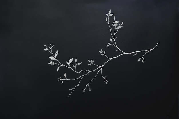 Photo a simple white line drawing on a black background of a tree branch with a few leaves the design