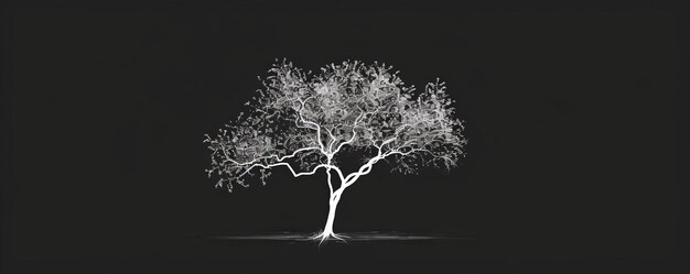 Photo a simple white line drawing on a black background of a tree with branches and leaves the minimalist