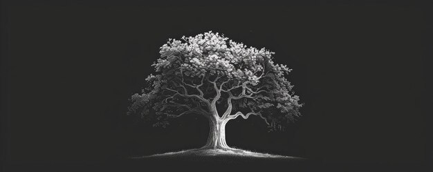 Photo a simple white line drawing on a black background of a tree with thick foliage and a strong trunk