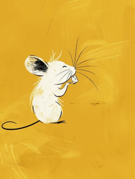 Photo a simple white line drawing of a mouse nibbling on cheese set against a soft buttery yellow