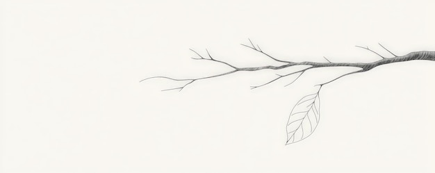 Photo a simple white line drawing of a tree branch with a single leaf hanging from it the clean lines and