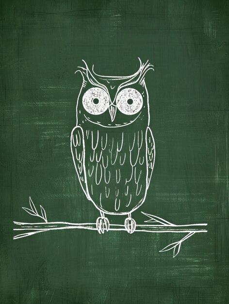 Photo a simple white line sketch of an owl perched on a branch set against a deep forest green background