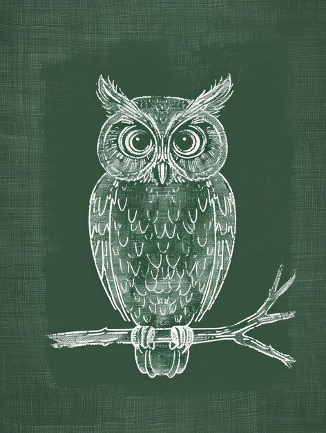 Photo a simple white line sketch of an owl perched on a branch set against a deep forest green background