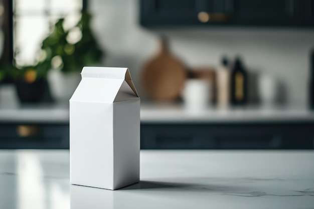 Simple white milk carton on a kitchen counter surrounded by indoor plants in a cozy setting