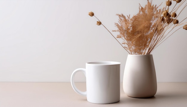 Photo simple white mug next to ceramic vase with dried flowers