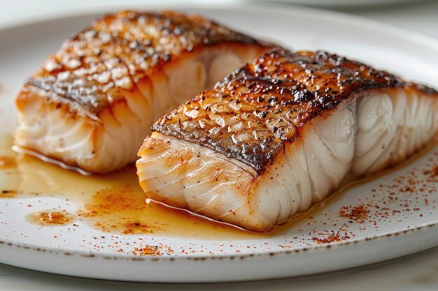 A simple white plate with a piece of fish placed on it against a clean white background