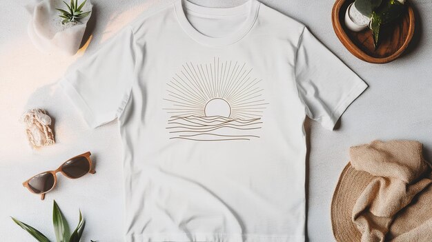 Photo simple white tshirt featuring a sun rising over waves displayed on a textured surface with accessories around it in natural lighting