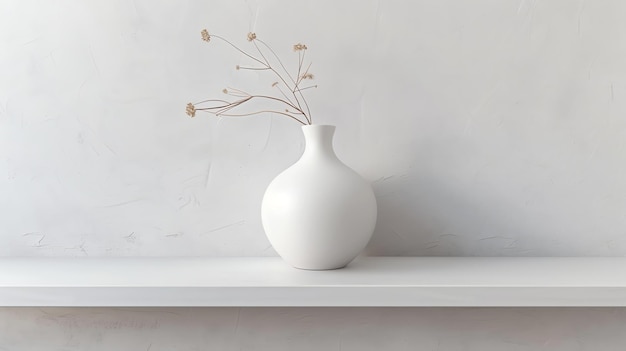 A simple white vase with dried flowers on a white shelf against a white wall