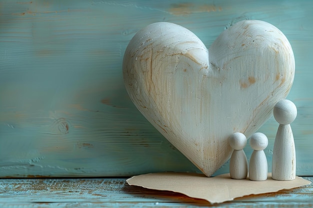 A simple white wooden family figure is placed on the right side of an empty heartshaped paper and