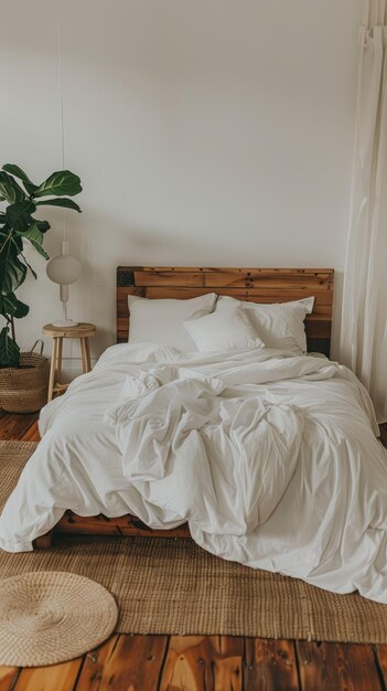 a simple wooden bed dressed in white linen adorned with planters and plants on a jute rug showcasing minimalistic interior design in a modern bedroom