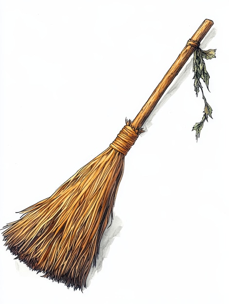 Photo a simple wooden broom with green leaves tied to the handle