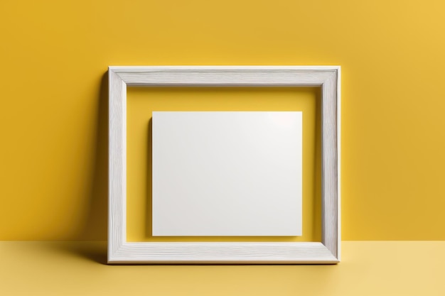 Simple wooden frame with blank white card on yellow background