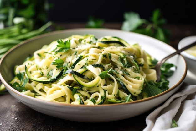 Simple zucchini pasta dish with fresh herbs and garlic created with generative ai