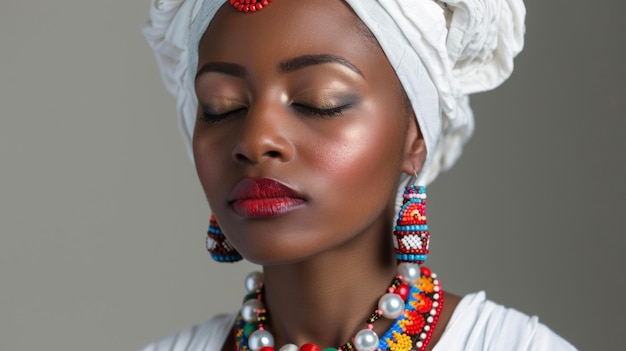 The simplicity of a black womans white garment is offset by the intricate beading and bold color