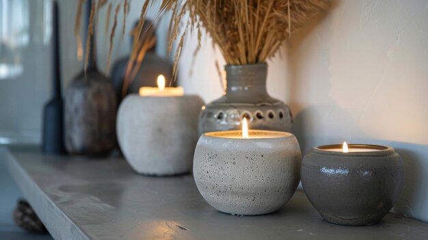 The simplicity of the concrete holders enhances the minimalist style of the room while the burning