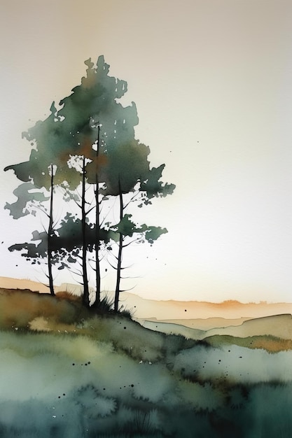 Simplicity in Watercolor Landscape with Ample Negative Space